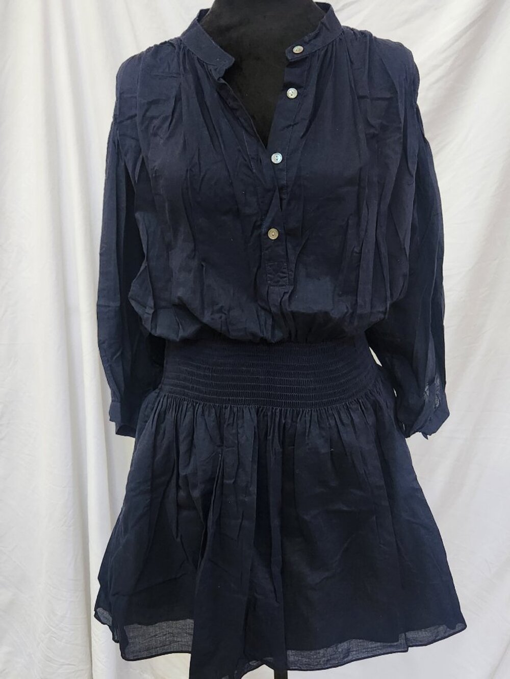 Rebecca Taylor navy blue cotton dress,  button detail, cinched waist, L